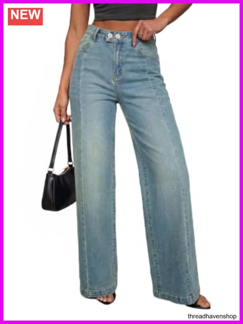 High Waisted Wide Leg Jeans for Women Stretchy Baggy Denim Pants Front Seam